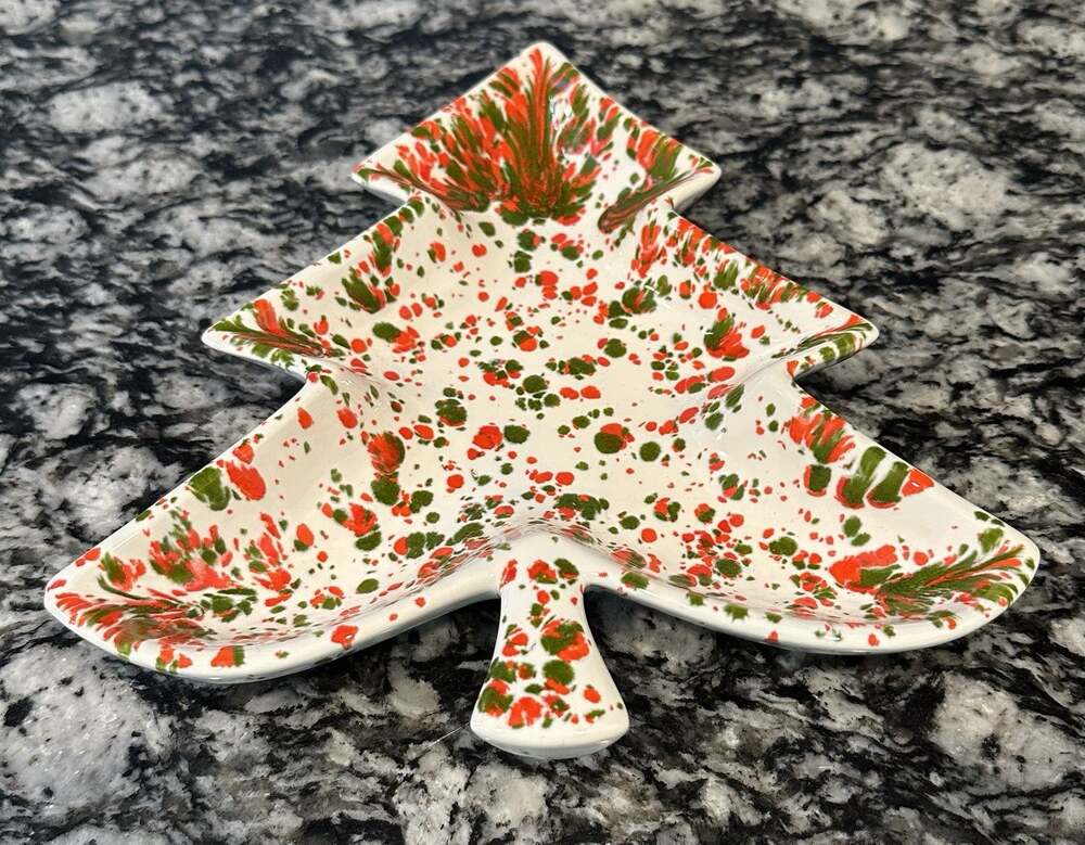 Vintage Ceramic Christmas Tree Candy Nut Dish Speckled Spatter Paint